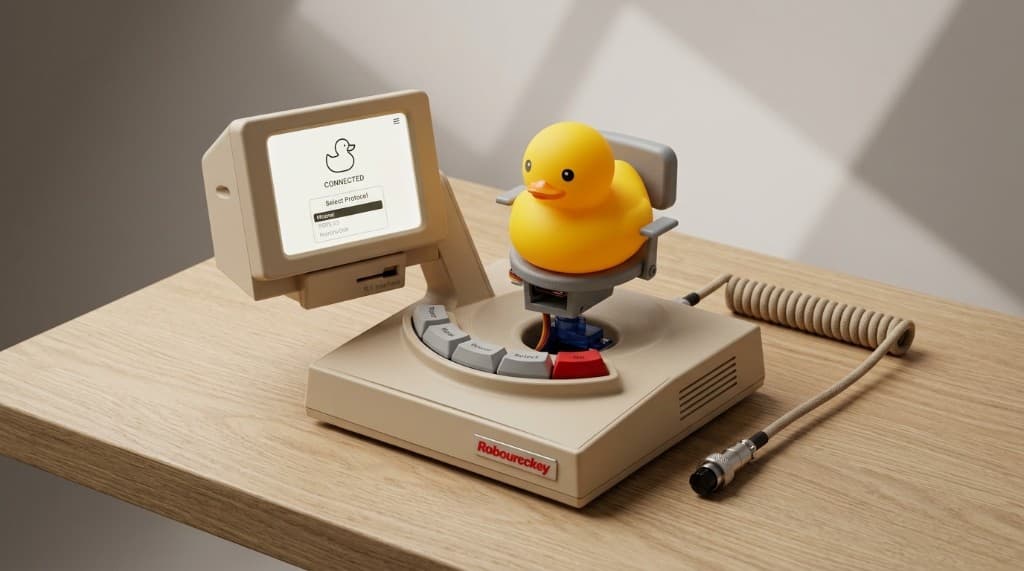 Rubber Ducky 86 — a yellow rubber duck mounted on a beige retro computer with a small CRT screen and keyboard